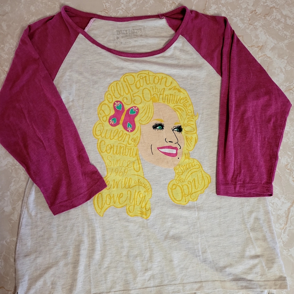 Women's Dolly Parton Graphic Raglan Tee - Pink and White